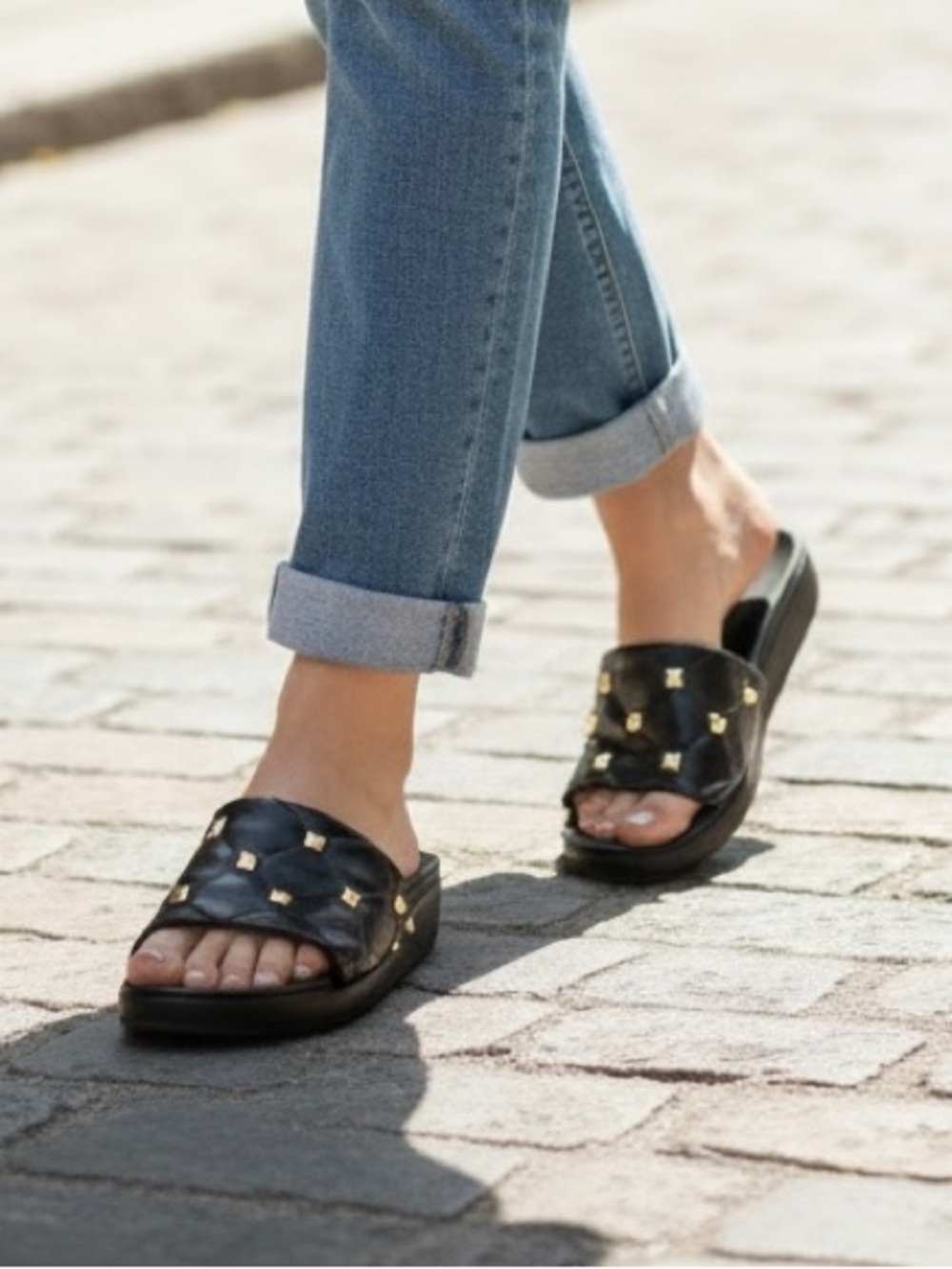 Anne Klein Black Slide Sandals with Gold Studs